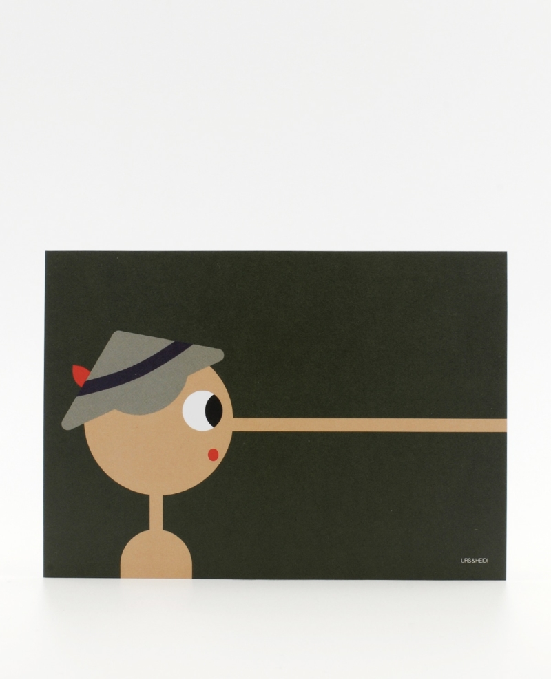 Postkarte illustriert mit Pinocchio Figur in dunkelgrün